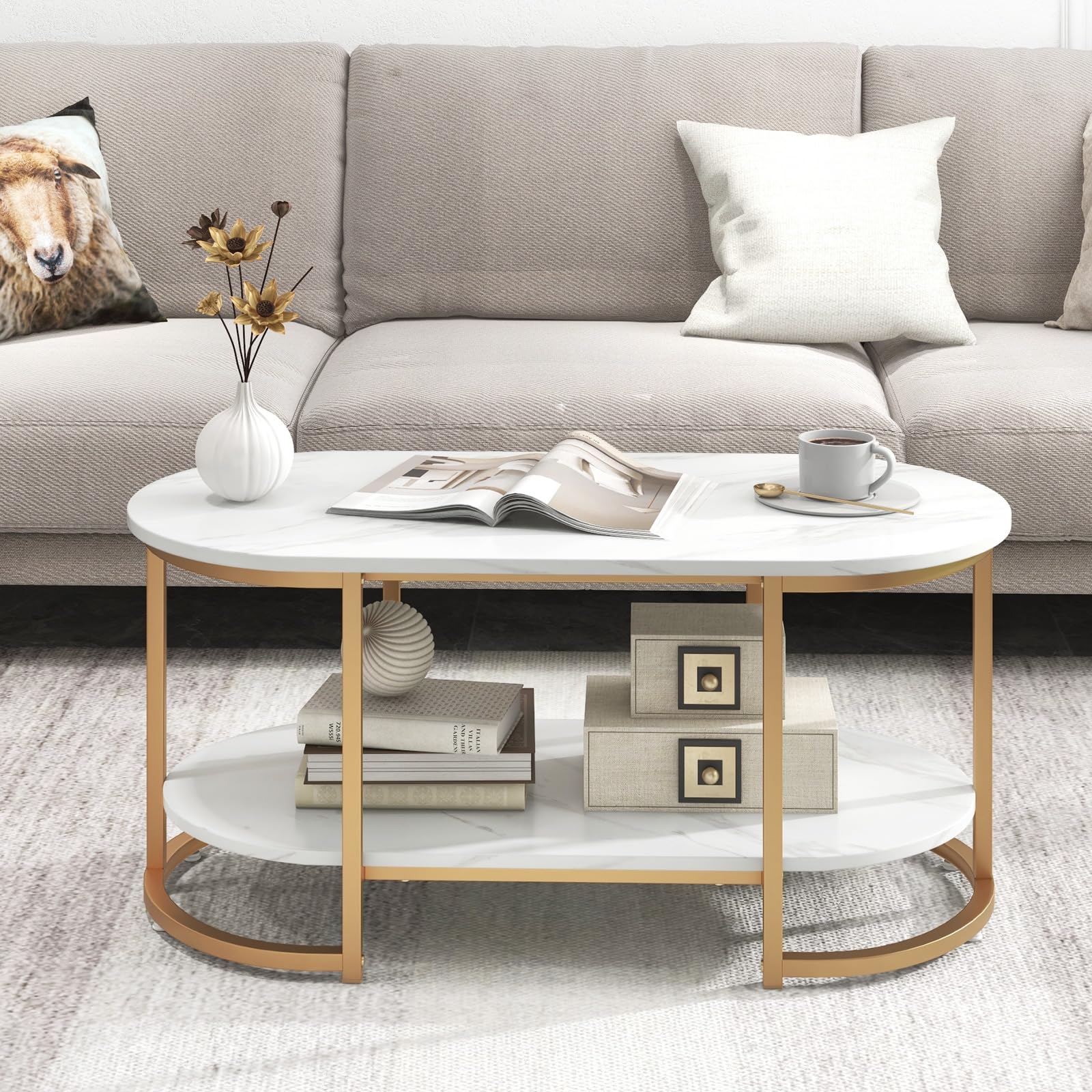 Giantex White Marble Coffee Table - Modern 2-Tier Center Table w/Open Storage Shelf