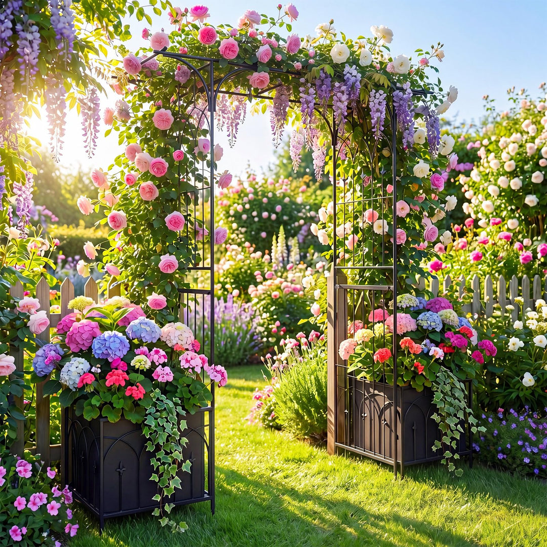 Giantex 79" W x 81" H Metal Garden Arbor with Gate and Planter