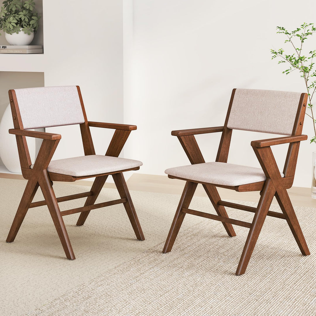 Giantex Wooden Dining Chairs Set, Linen Fabric Upholstered Kitchen Chairs w/Armrests, Rubber Wood Frame