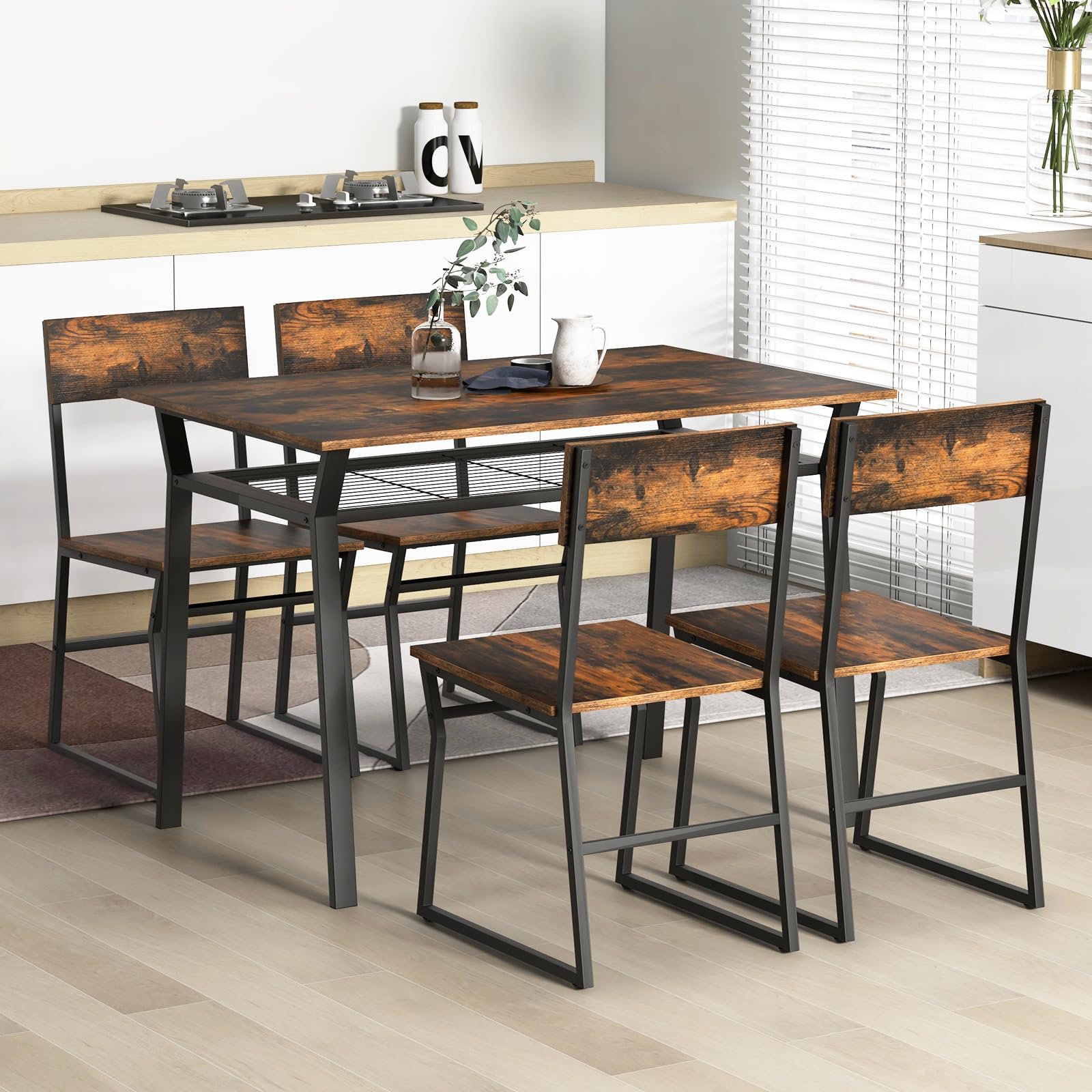 Giantex Dining Table Set for 4, 47”L x 28”W Rectangular Kitchen Table w/ 4 Trapezoid Chairs