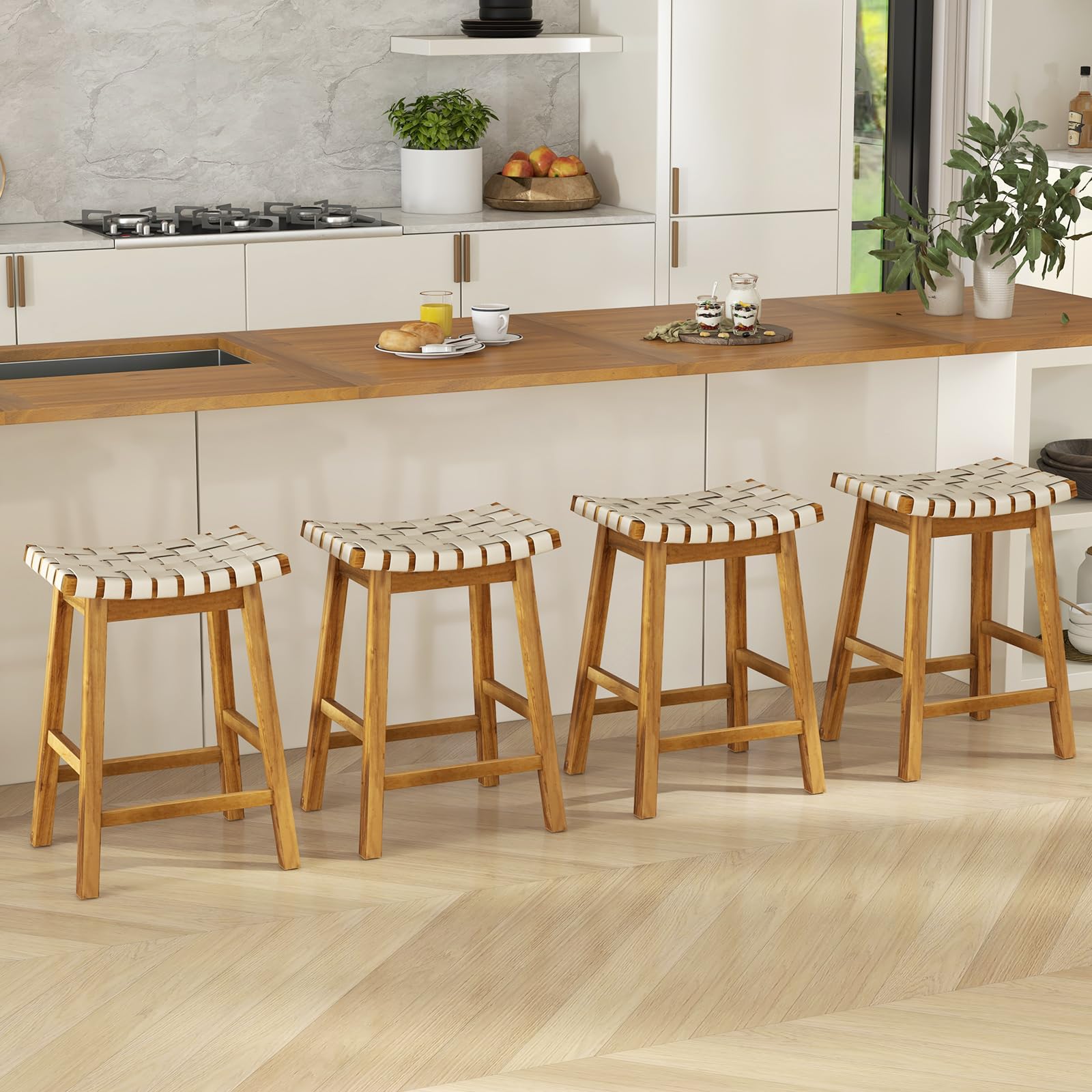 Giantex 25.5/31" Woven Bar Stools Set of 2/4, Faux PU Leather Counter Height Saddle Stools with Woven Curved Seat