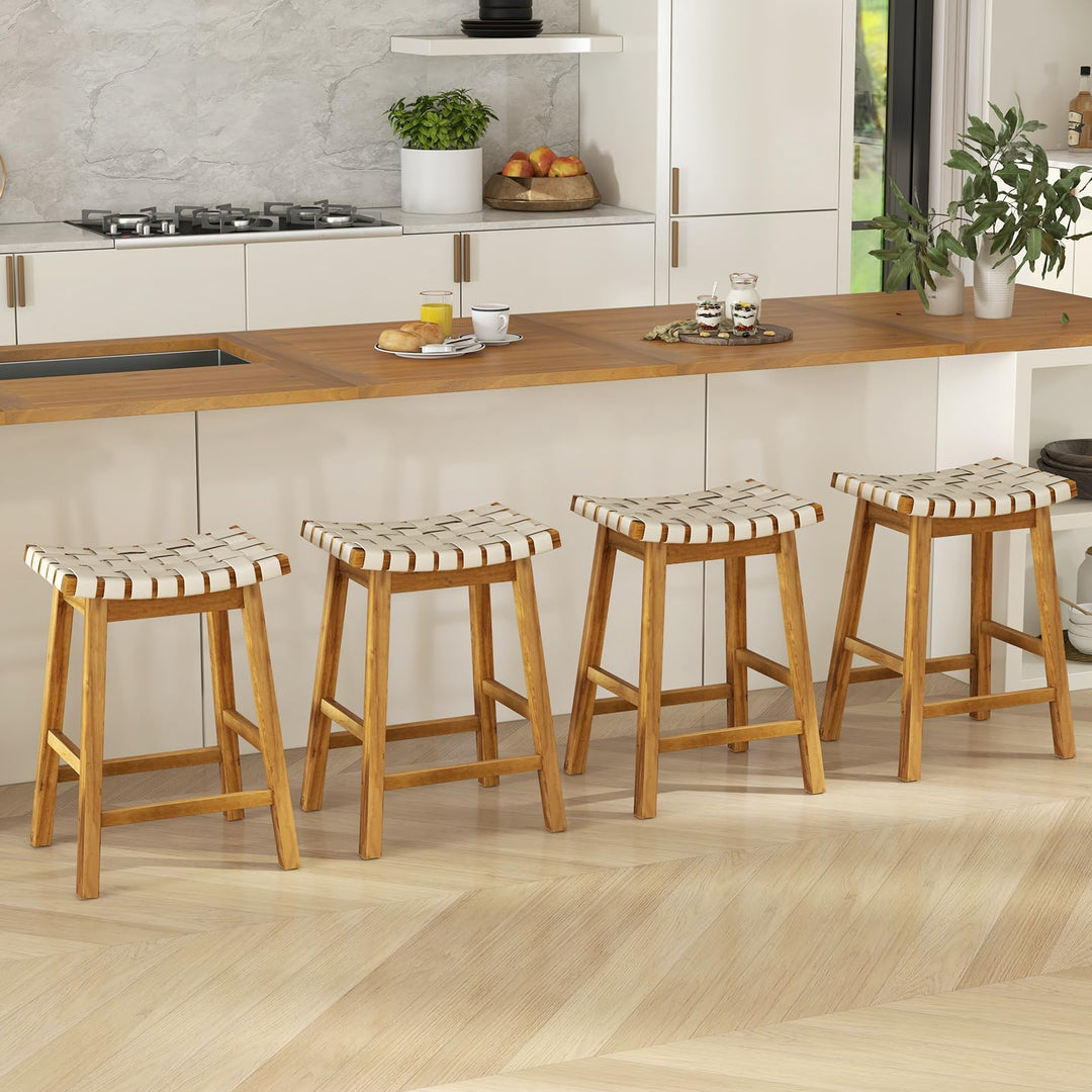 Giantex 25.5/31" Woven Bar Stools Set of 2/4, Faux PU Leather Counter Height Saddle Stools with Woven Curved Seat