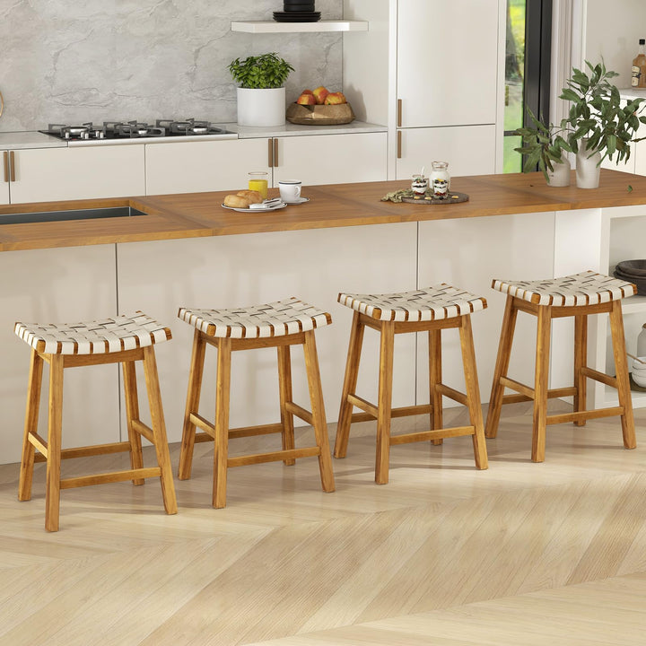 Giantex 25.5/31" Woven Bar Stools Set of 2/4, Faux PU Leather Counter Height Saddle Stools with Woven Curved Seat