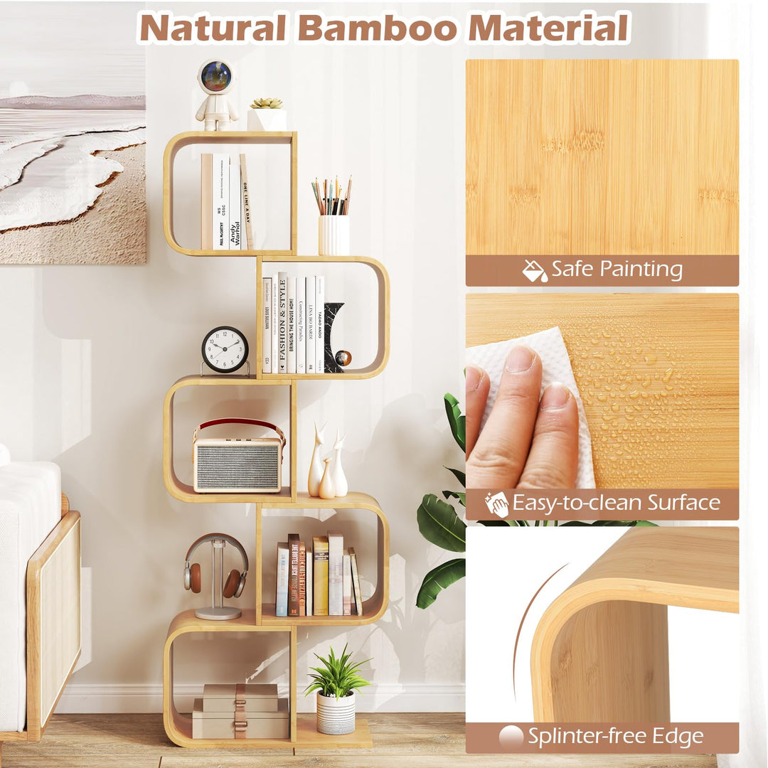 Giantex 5-Tier S-Shaped Bookcase Bamboo Bookshelf with Open Cubes