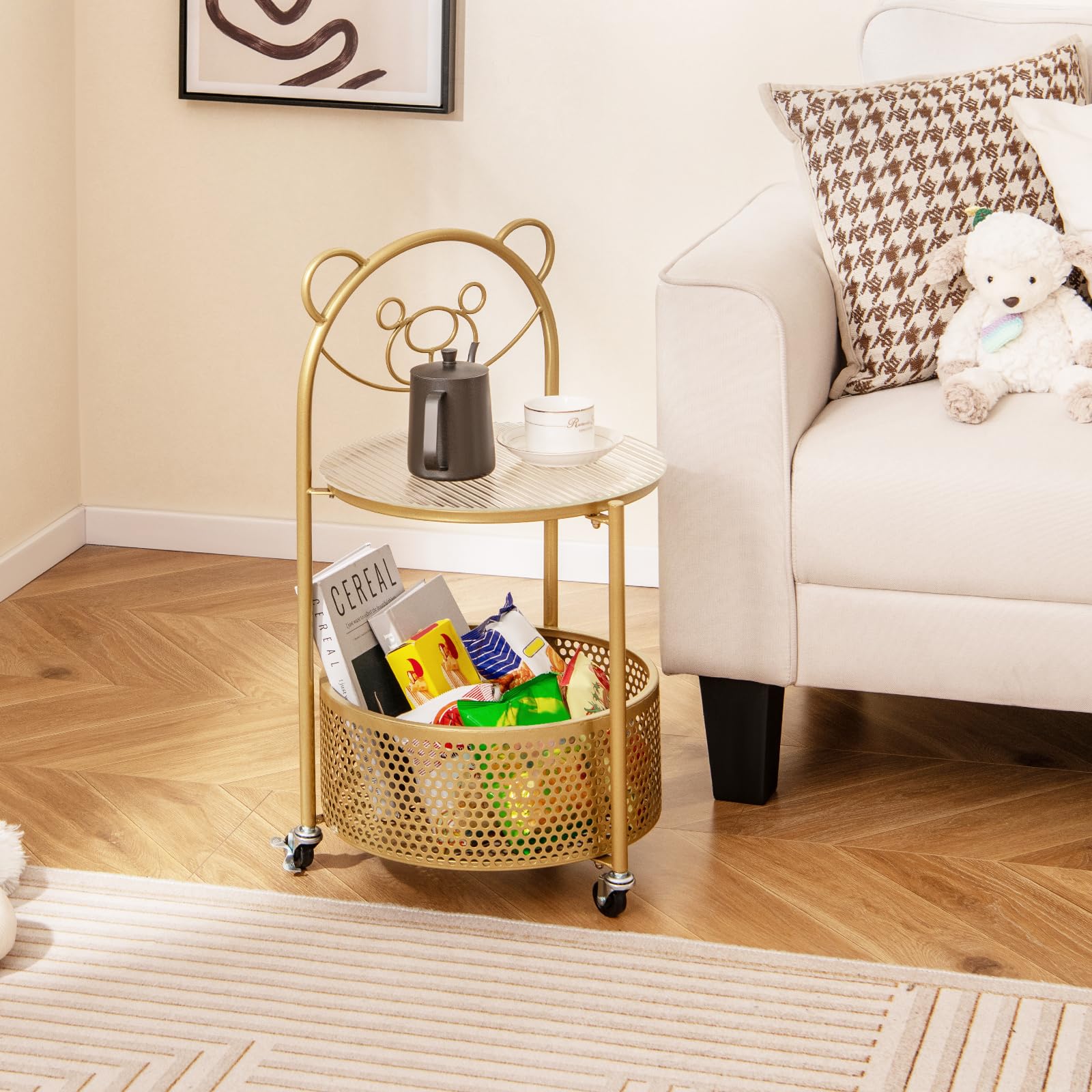 Giantex Mobile Glass Coffee Table, 2-Tier Round End Table with Bear Pattern, Storage Basket, Metal Frame