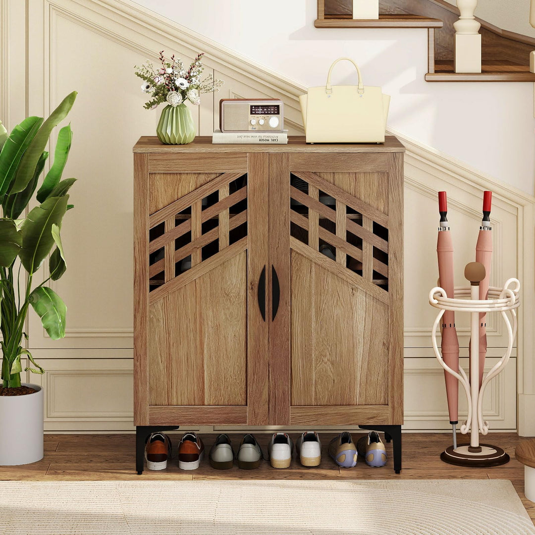 Giantex 4-Tier Wooden Shoe Organizer Cabinet with Hollow Woven Doors &amp; 3 Removable Shelves