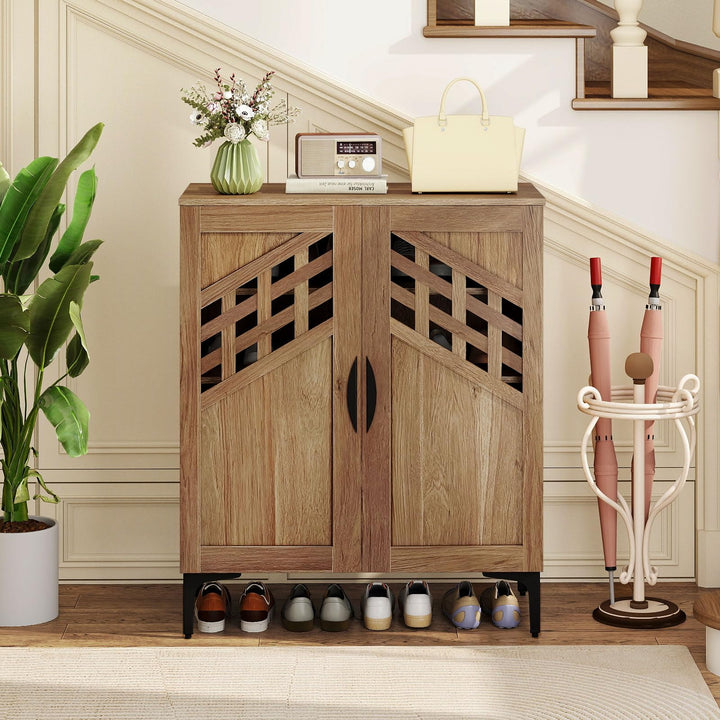 Giantex 4-Tier Wooden Shoe Organizer Cabinet with Hollow Woven Doors &amp; 3 Removable Shelves