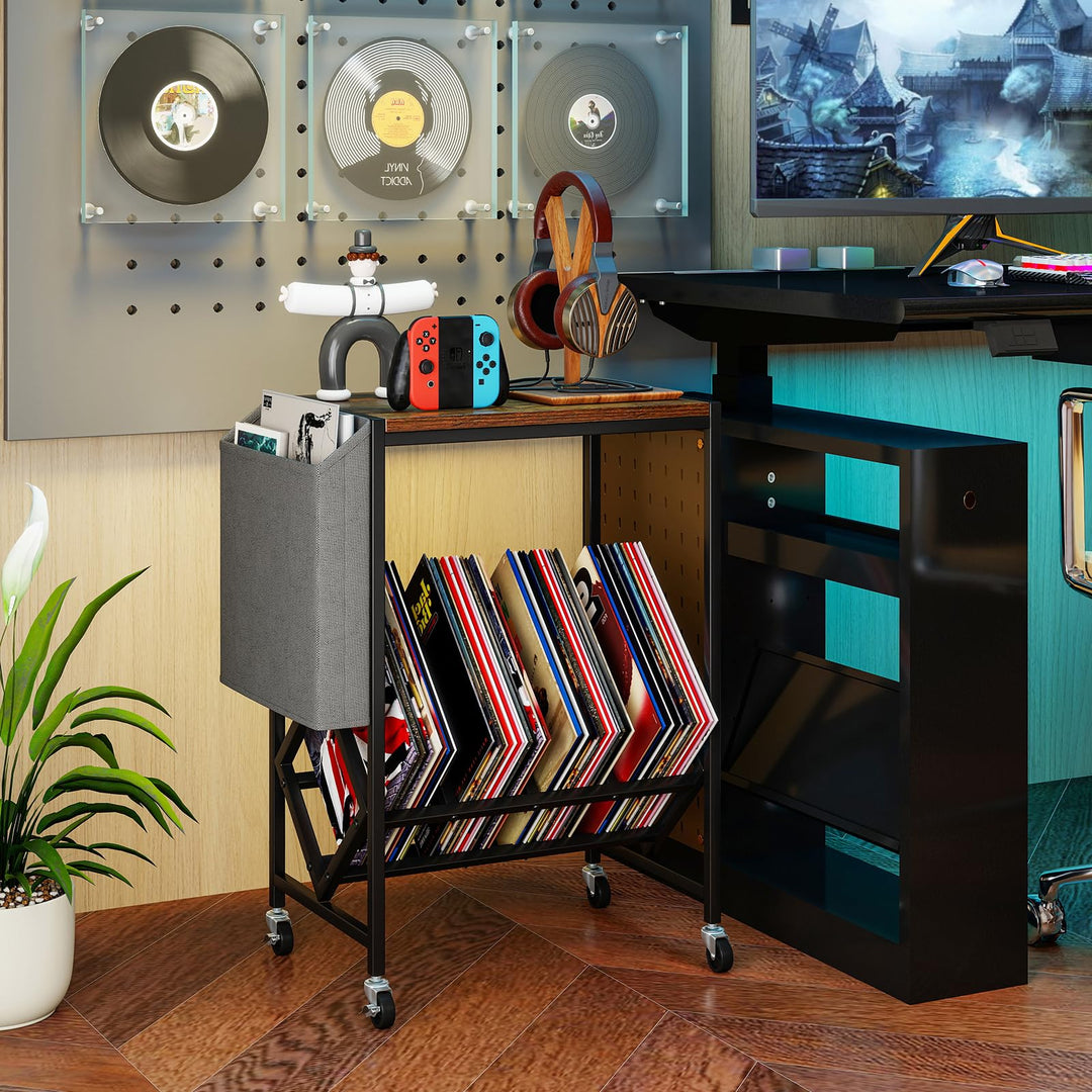 Giantex Rolling Record Player Stand 2-Tier with Vinyl Storage and Magazine Holder Bag
