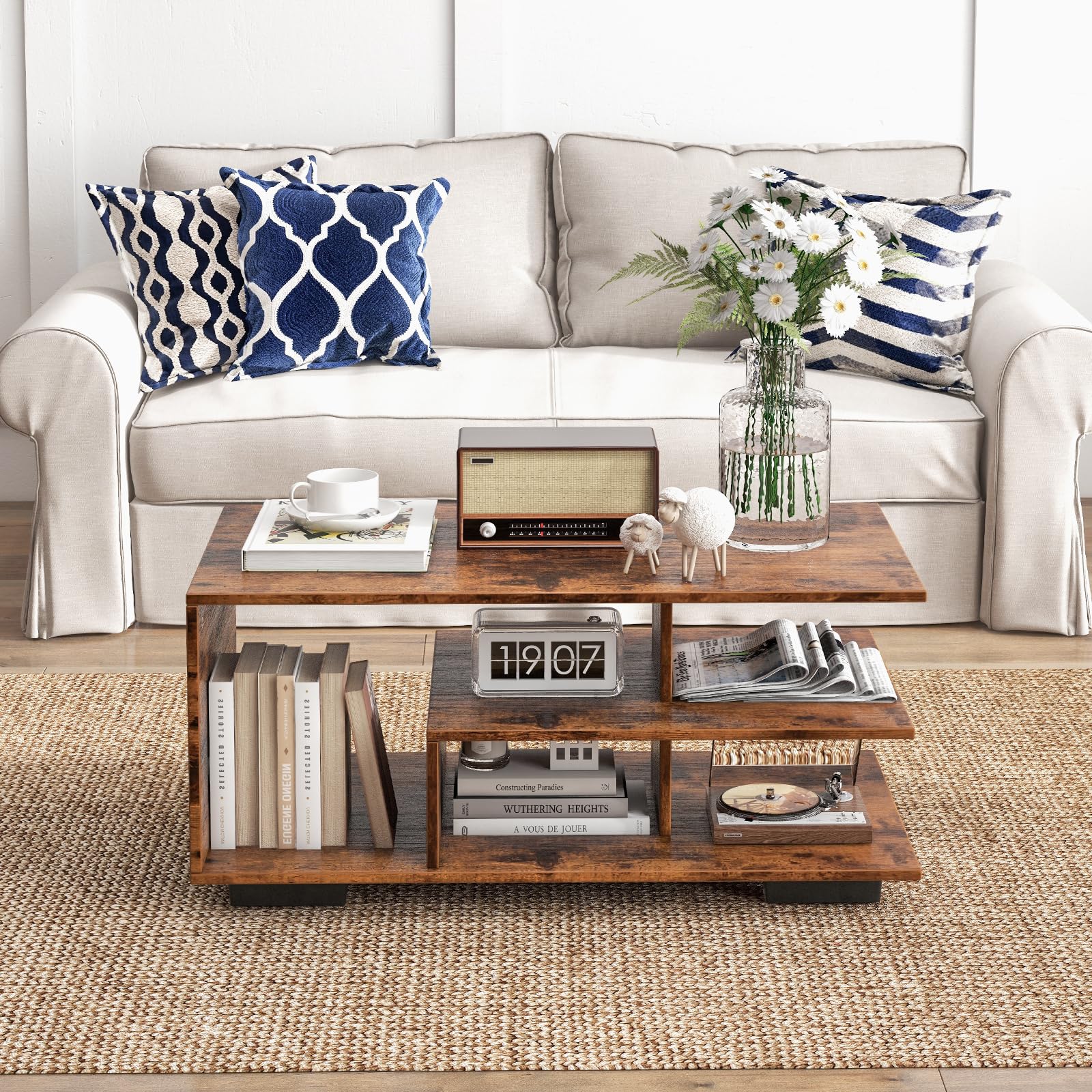 Giantex Coffee Table with Storage, Modern Rectangular Accent Table with L-shaped Middle Shelf