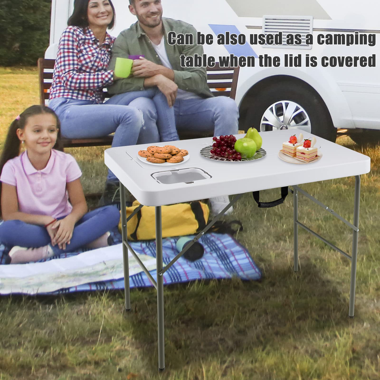 Giantex Fish Cleaning Table with 2 Sinks, Faucet, Garage Holder, Portable Folding Camping Table with Measuring Mark