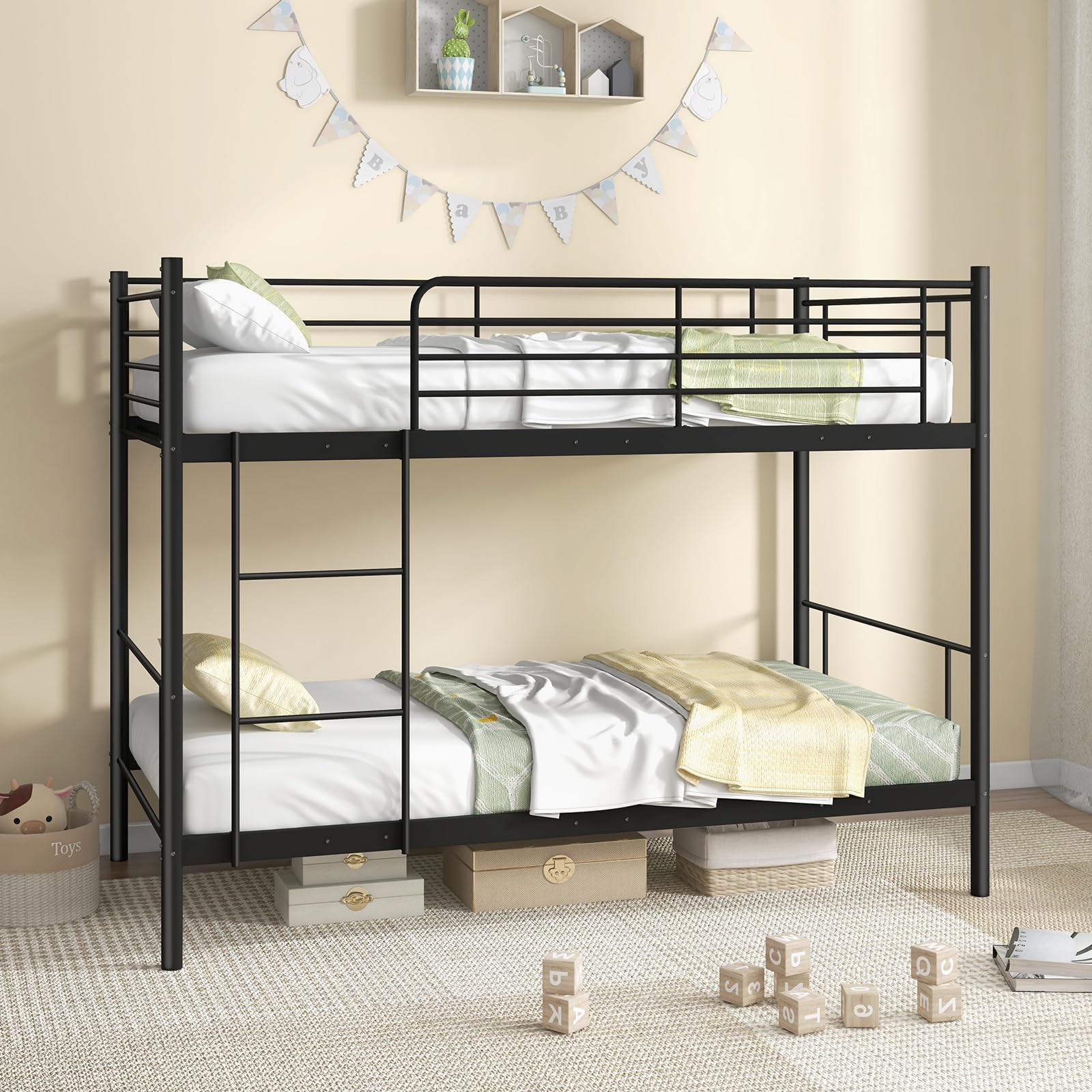 Giantex Bunk Bed Twin Over Twin, Metal Bunk Bed Frame w/Built-in Ladder, Safety Guardrail