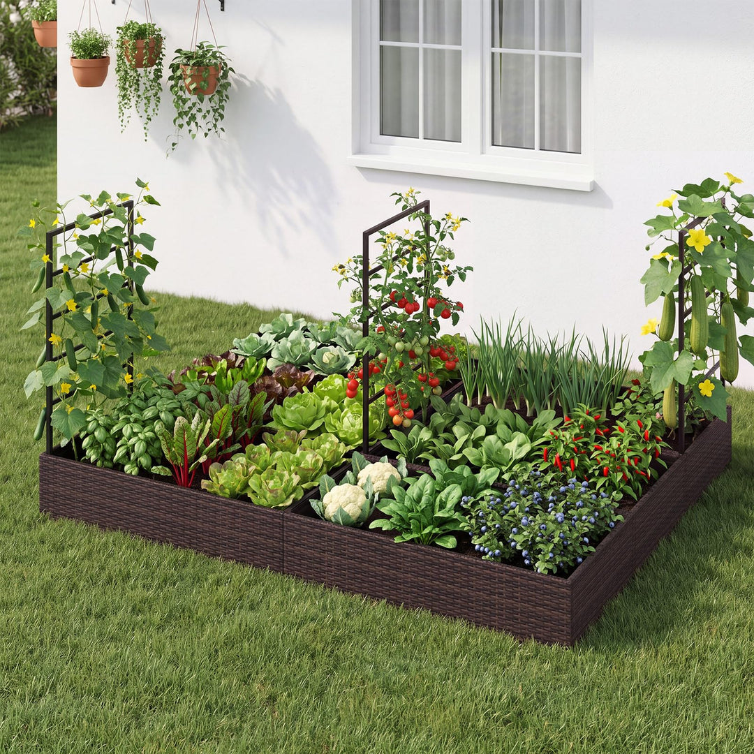 GIANTEX Rattan Raised Garden Bed with Trellis &amp; 2 Planter Boxes (1/2)