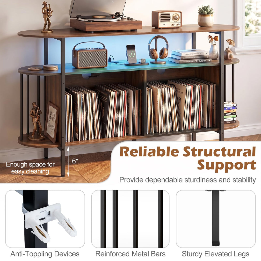 GIANTEX 3-Tier 55" Record Player Stand with LED Lights &amp; Power Outlets