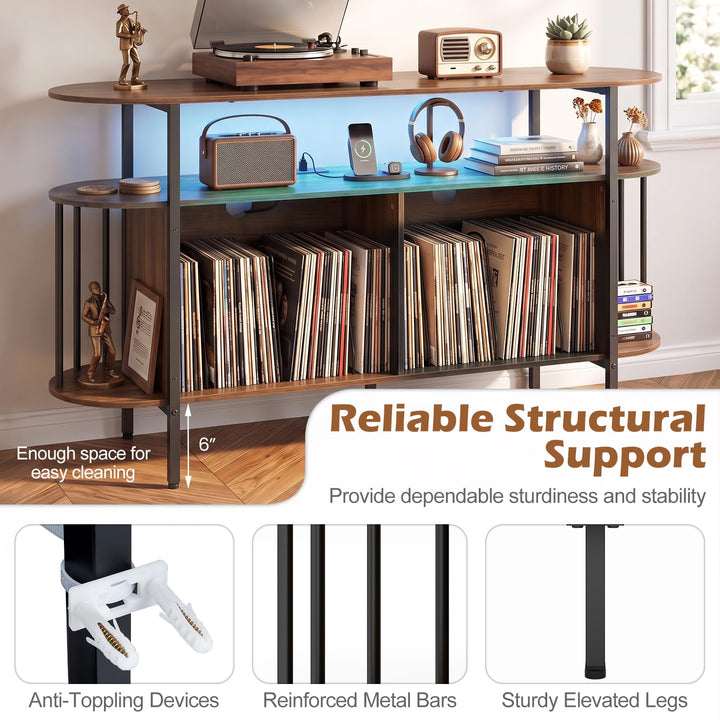 GIANTEX 3-Tier 55" Record Player Stand with LED Lights &amp; Power Outlets