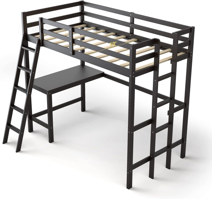 Giantex Twin Size Loft Bed with Desk, Solid Wood Loft Bed with 2 Ladders & Full Length Guardrail