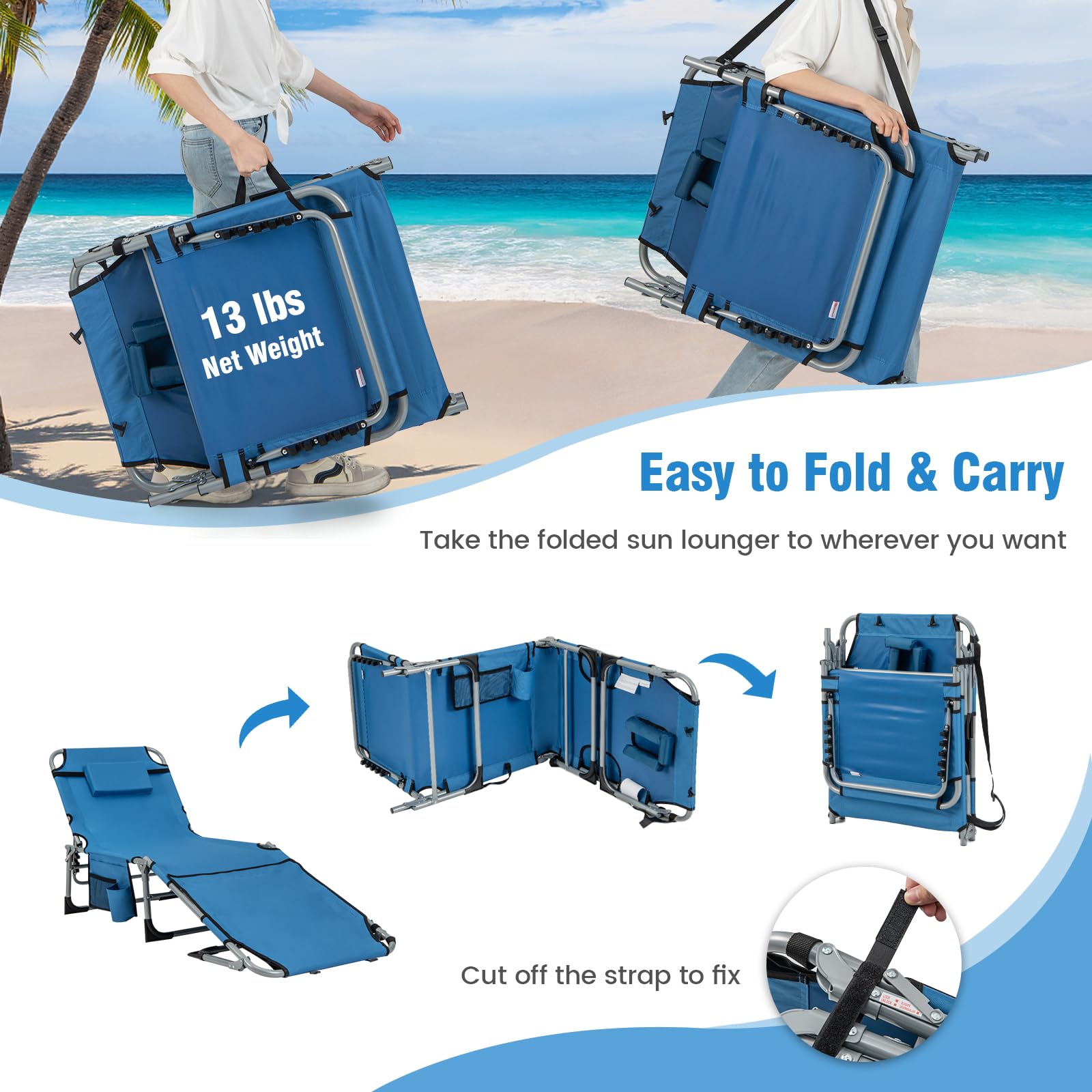 Giantex Folding Beach Tanning Chair - Outdoor Chaise Lounge Chair, 5-Position Adjustable Lounger with Face Hole