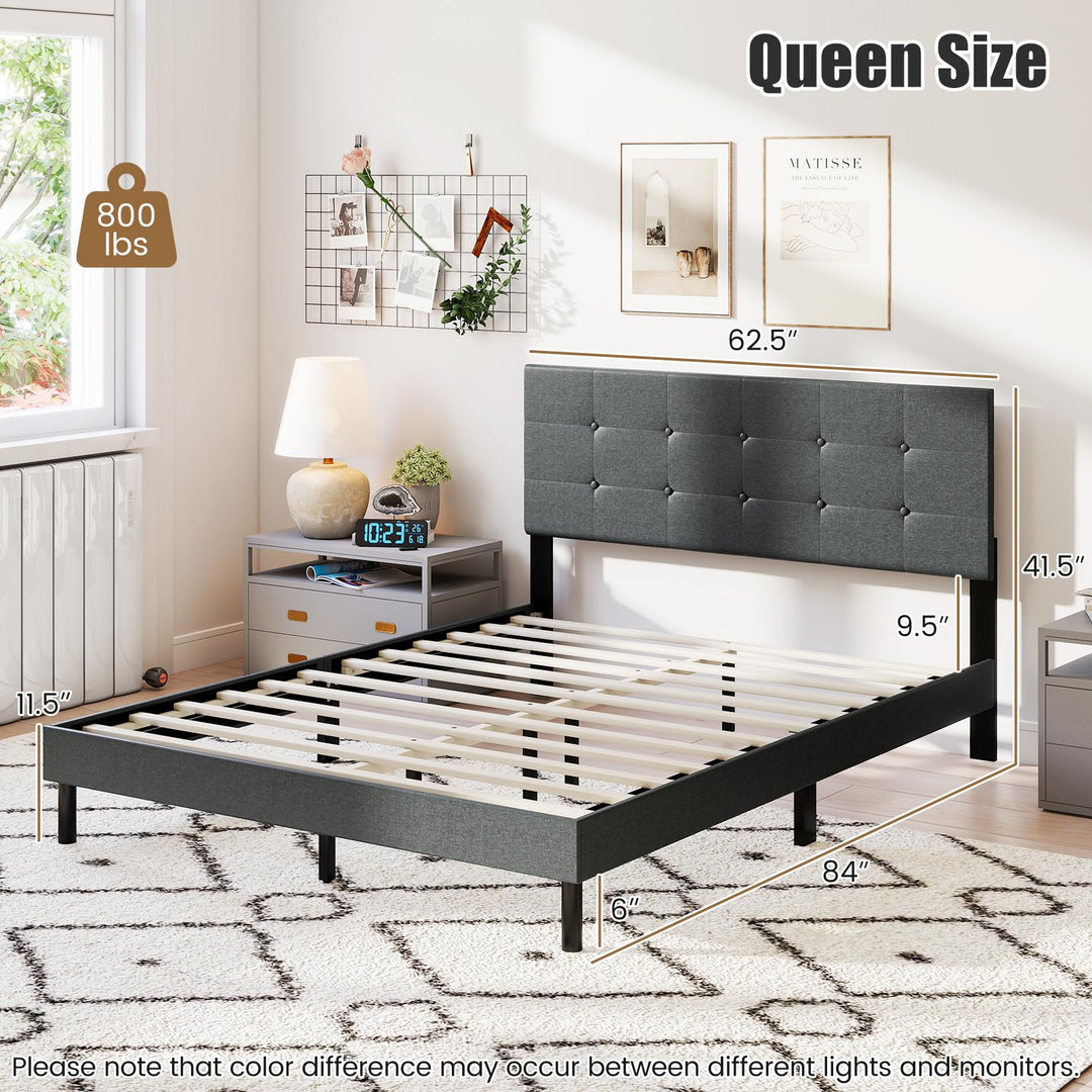 Giantex Queen Bed Frame Linen Upholstered Platform Bed with Button Tufted Headboard