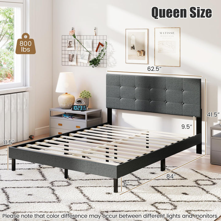 Giantex Queen Bed Frame Linen Upholstered Platform Bed with Button Tufted Headboard