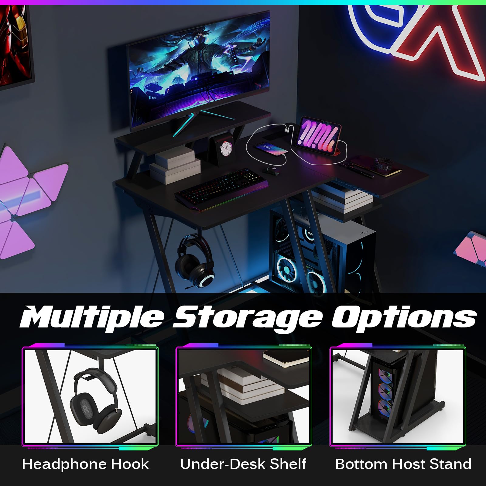Giantex L Shaped Gaming Desk with Outlets & USB Ports, Small Computer Desk with Monitor Shelf