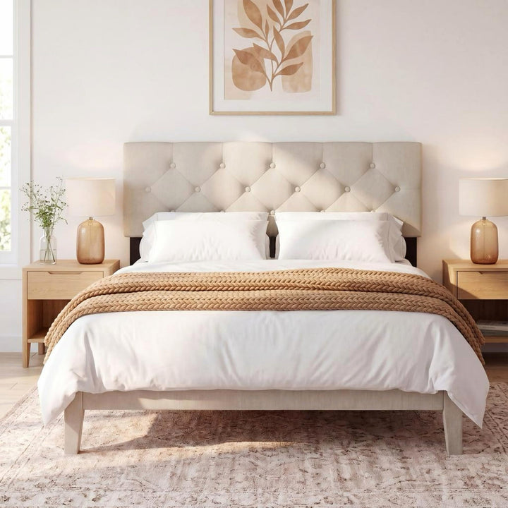 Giantex Queen/Full Size Button Tufted Linen Fabric Head Board with Wood Support Legs