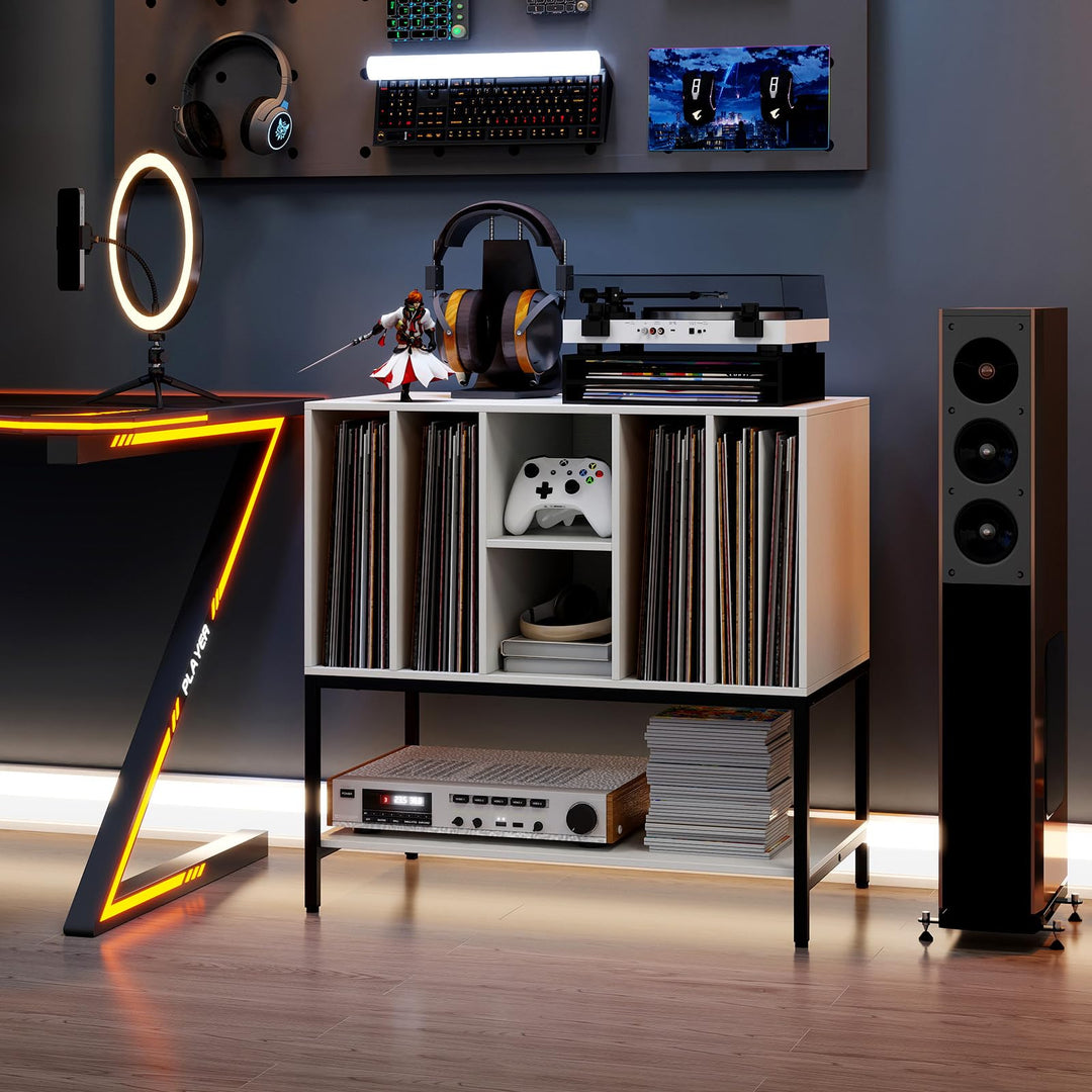 Giantex Record Player Stand with Charging Station Vinyl Record Storage for Music Living Room