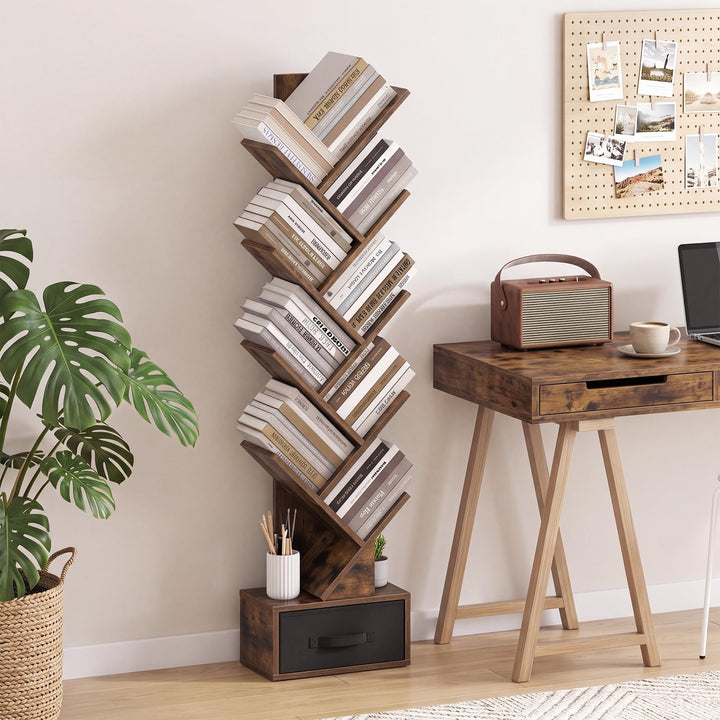 GIANTEX 9-Tier Tree Bookshelf | Tall Small Bookcase with Drawer