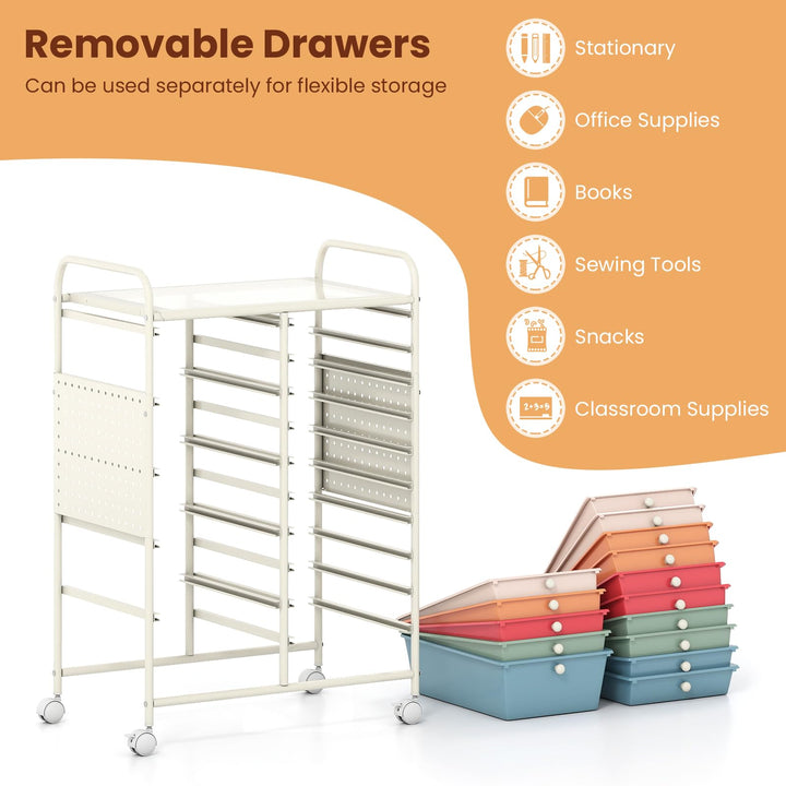 Giantex 15 Drawer Storage Cart | Rolling Craft Cart with Metal Tabletop &amp; Pegboard