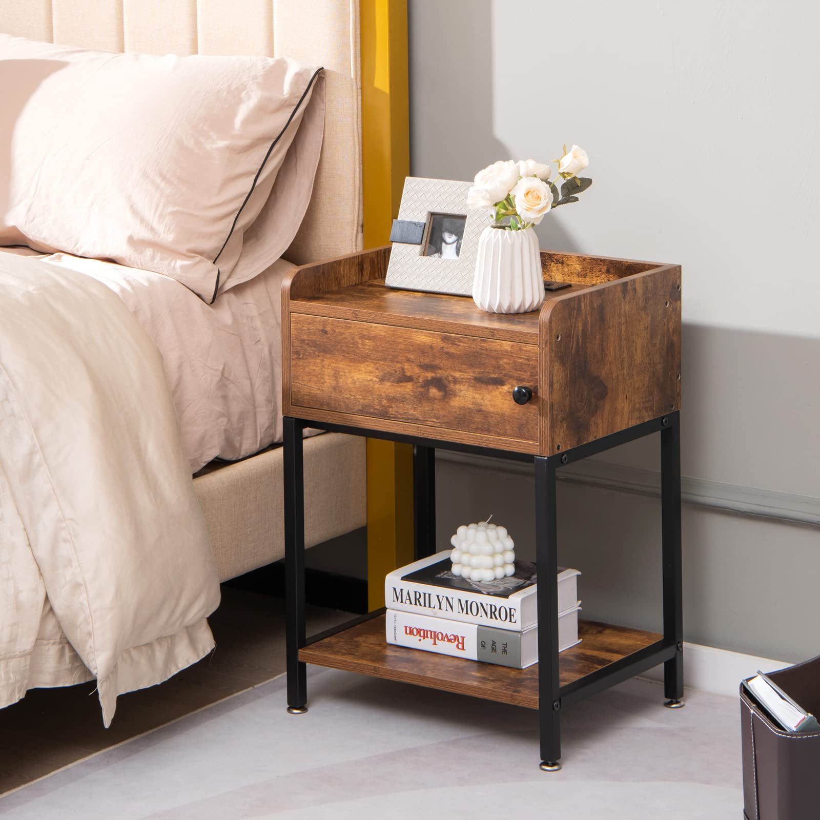 Giantex Nightstand with Charging Station - Sofa Side Table