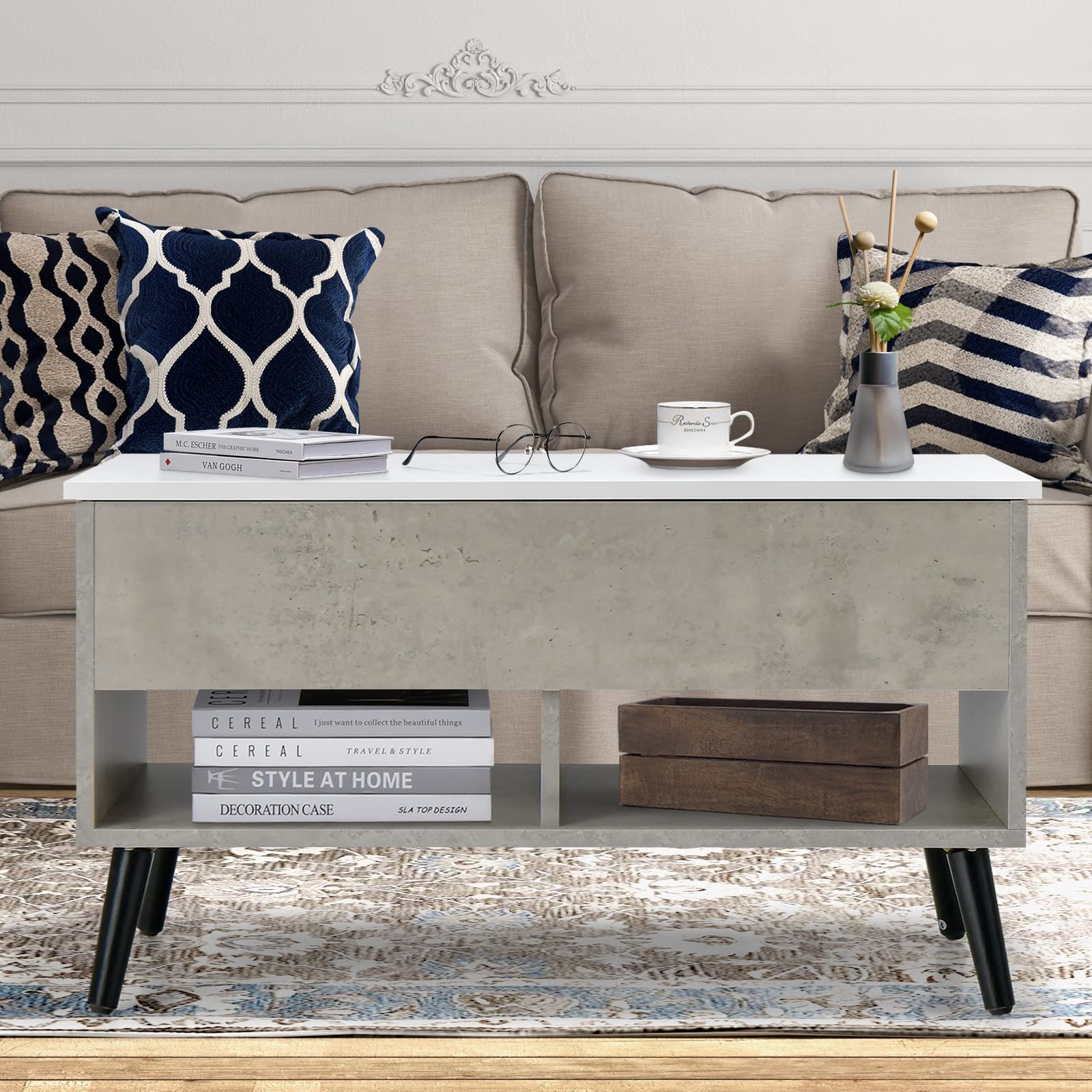 Giantex Lift Top Coffee Table, Modern Cocktail Table w/Hidden Compartment & 2 Open Shelves