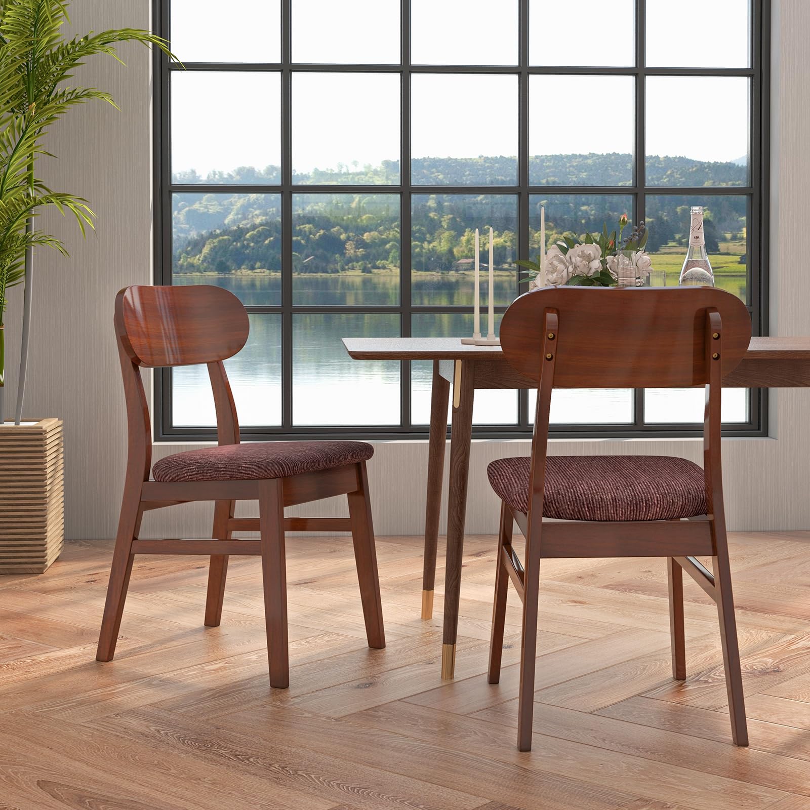 Giantex Wooden Dining Chairs Set of 4 Walnut, Farmhouse Kitchen Chairs with Padded Seat