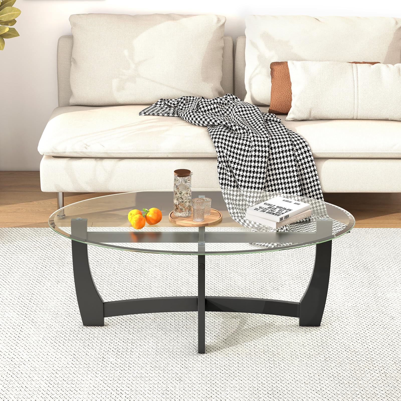 Giantex Glass Coffee Table, 48" Oval Accent Tea Table with Tempered Glass Top & Solid Wood Structure