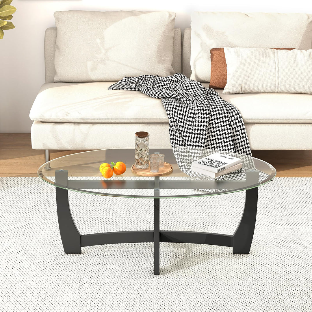 Giantex Glass Coffee Table, 48" Oval Accent Tea Table with Tempered Glass Top & Solid Wood Structure