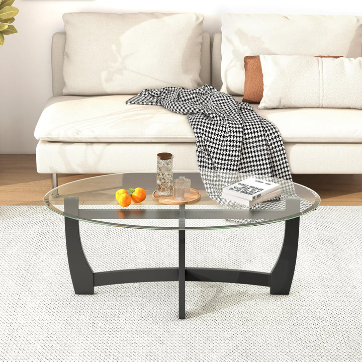 Giantex Glass Coffee Table, 48" Oval Accent Tea Table with Tempered Glass Top & Solid Wood Structure