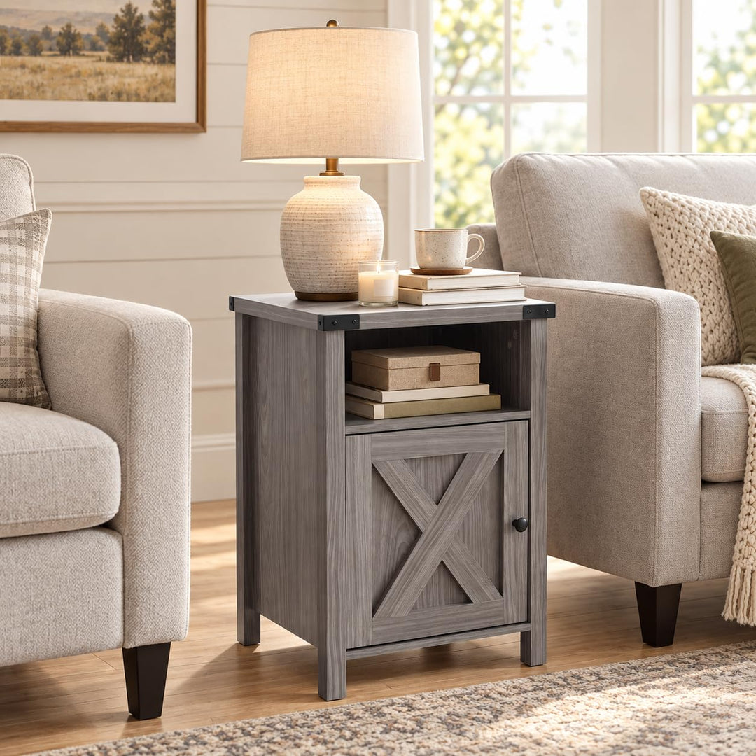 GIANTEX 16" Small Farmhouse Nightstand with Barn Door &amp; Storage Cabinet (1/2)
