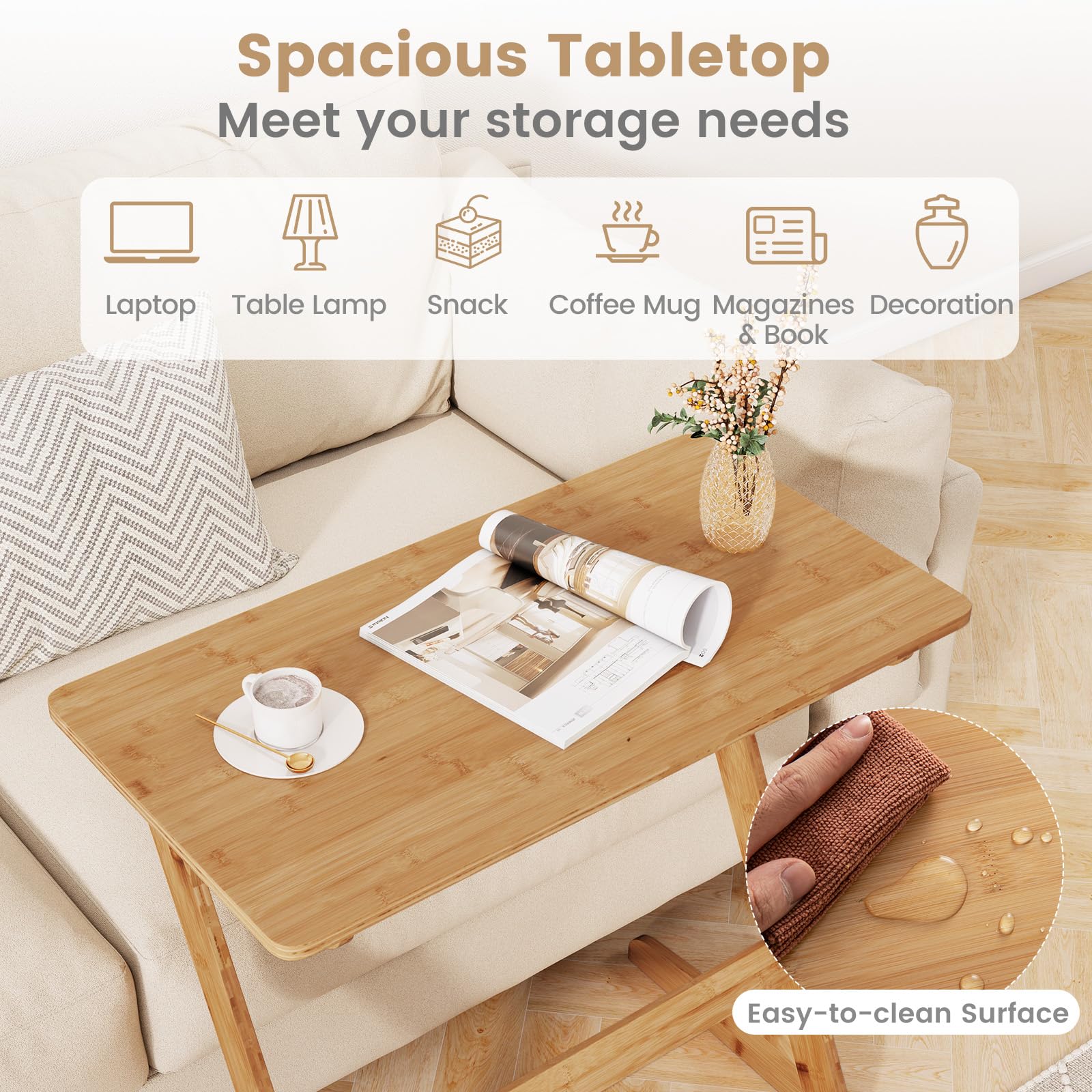Giantex Bamboo TV Tray Table, Z Shaped Sofa Couch Side Table for Eating Snacks Coffee Laptop