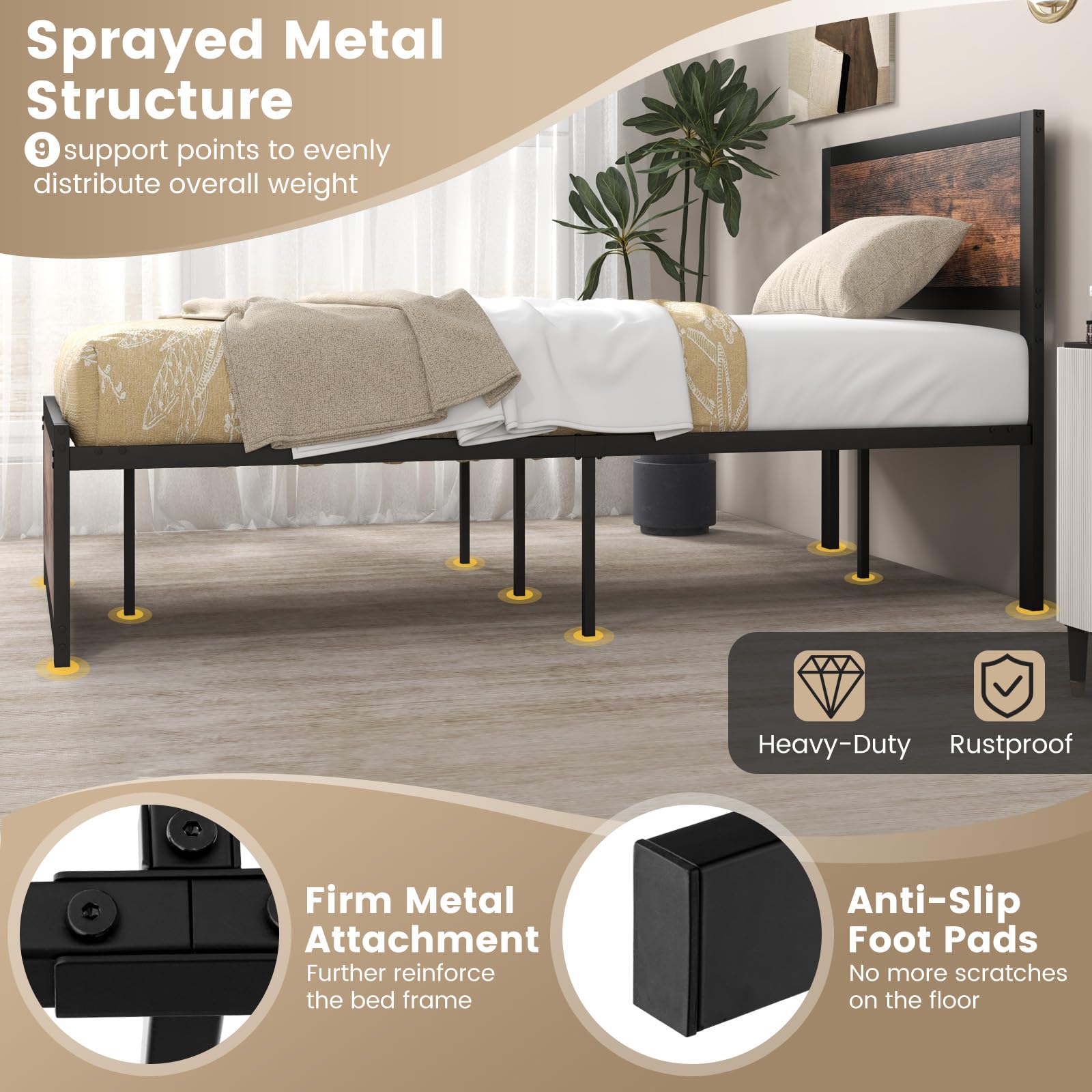 Giantex Twin Bed Frames for Kids, Industrial Metal Platform Bed with Headboard