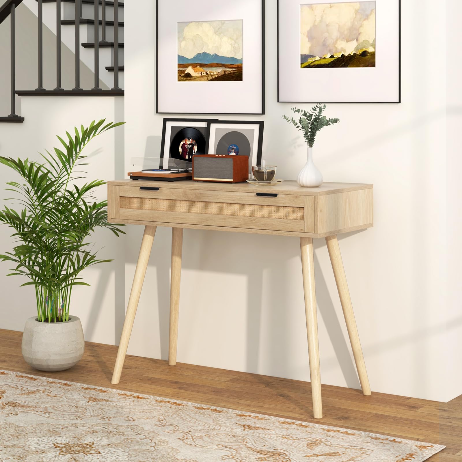 Giantex Rattan Console Table with Drawer, Boho Style Entryway Table, Farmhouse Wooden Sofa Side Table with Storage, Accent Vanity Table