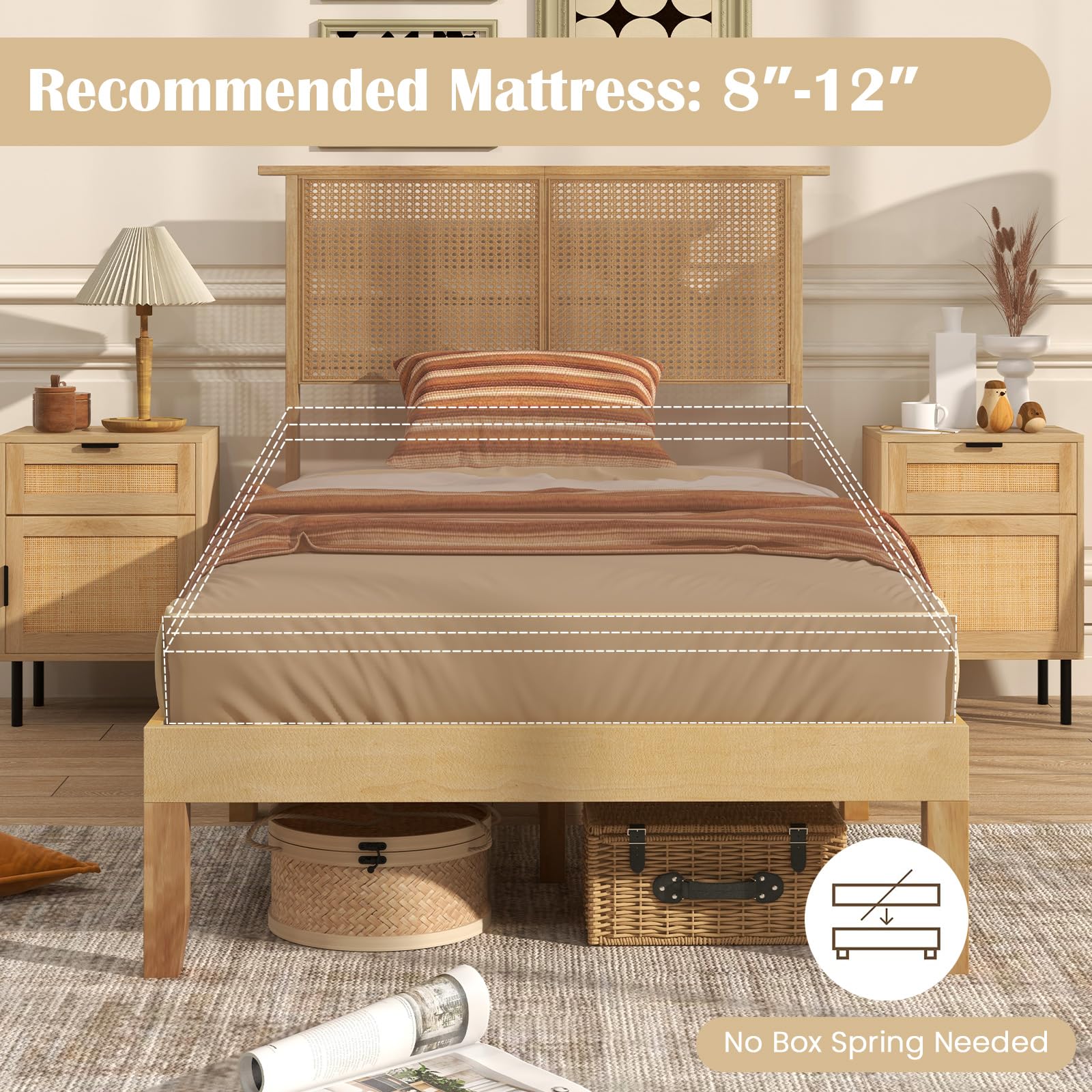 Giantex Bed Frames with Rattan Headboard, Boho Solid Wood Platform Bed with Wooden Slats