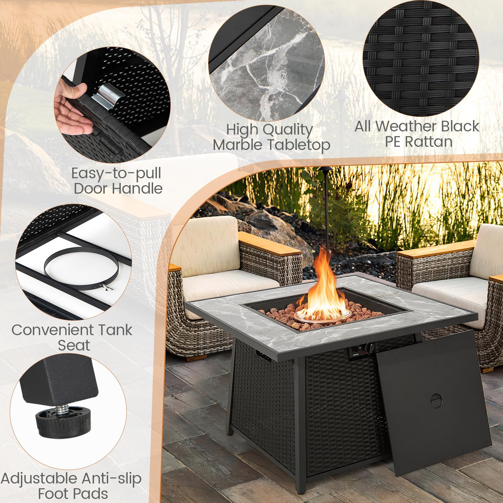 Giantex 35" Rattan Propane Gas Fire Pit - Outdoor Gas Fire Table