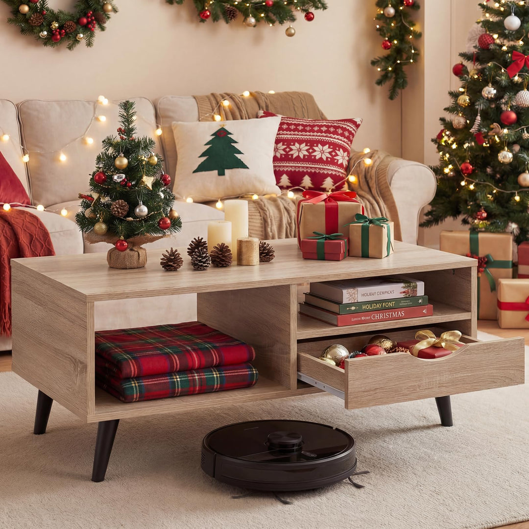 Giantex Wood Coffee Table with Storage Drawer 36.5 Inch Rustic Center Table
