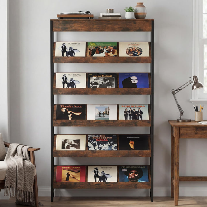 Giantex 6-Tier Industrial Tall Bookcase with Angled Shelves and Metal Frame