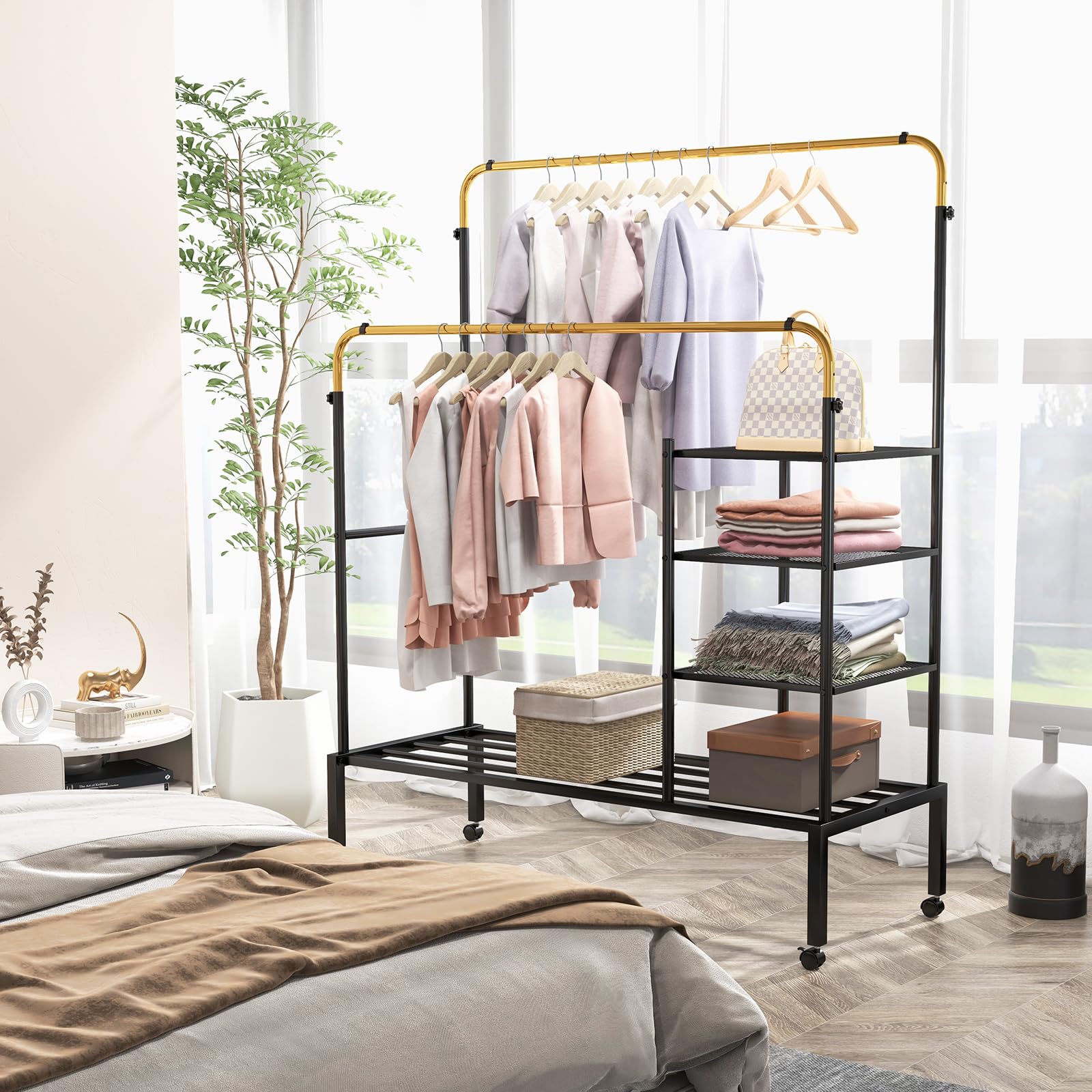 Giantex Double Rods Garment Rack with Wheels, Clothing Rack w/ 2 Hanging Height Adjustable Rods, Side Mesh Racks