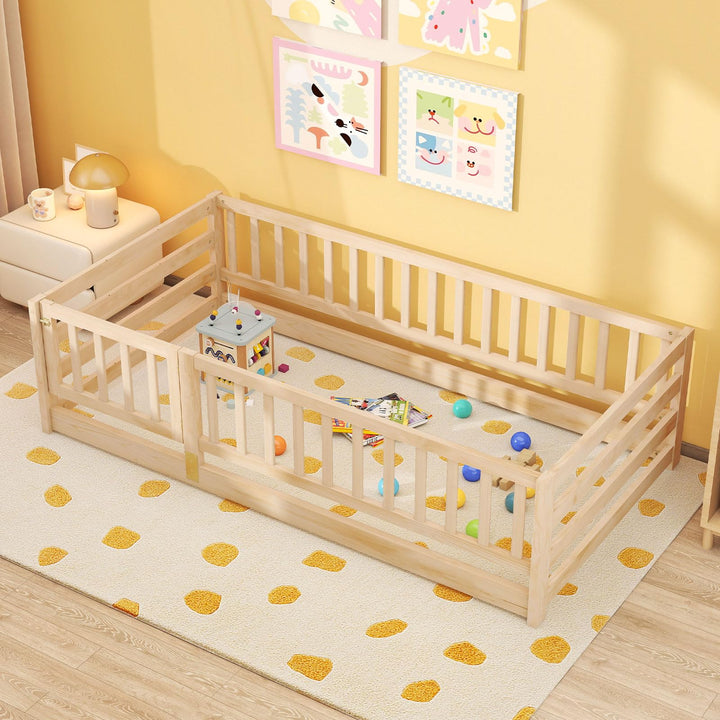 Giantex Twin Floor Bed with High Fence & Door