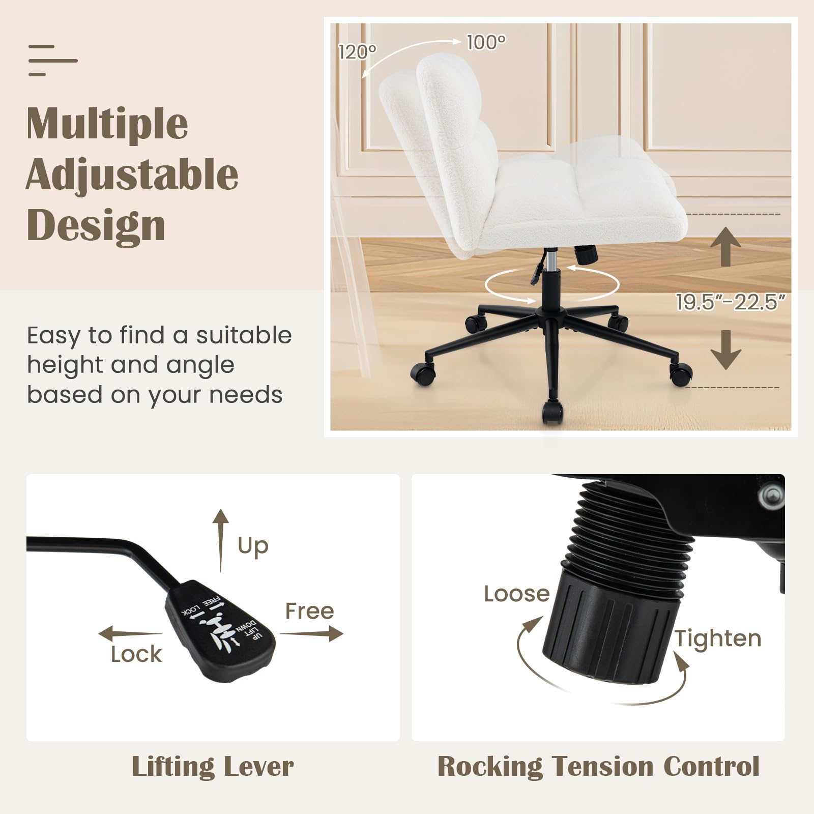 Giantex Criss Cross Chair with Wheels, Faux Fur Cross Legged Office Chair, Armless Wide Desk Chair