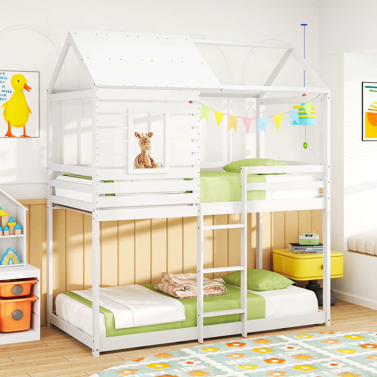 Giantex White Wood Bunk Bed Twin Over Twin with Ladder and Guardrail