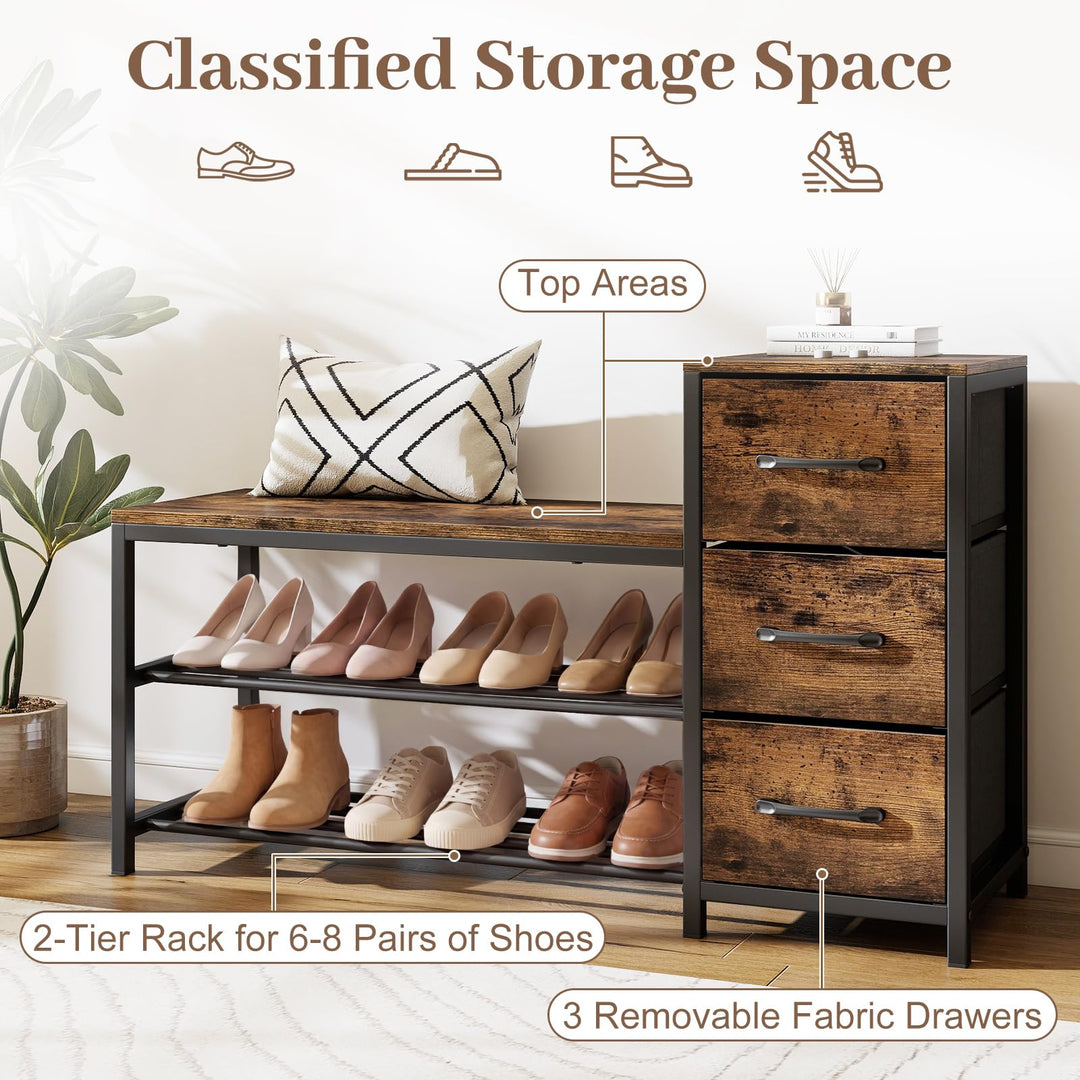 Giantex 3-Tier Industrial Shoe Storage Bench with 3 Removable Fabric Drawers