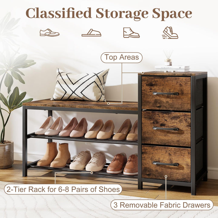 Giantex 3-Tier Industrial Shoe Storage Bench with 3 Removable Fabric Drawers