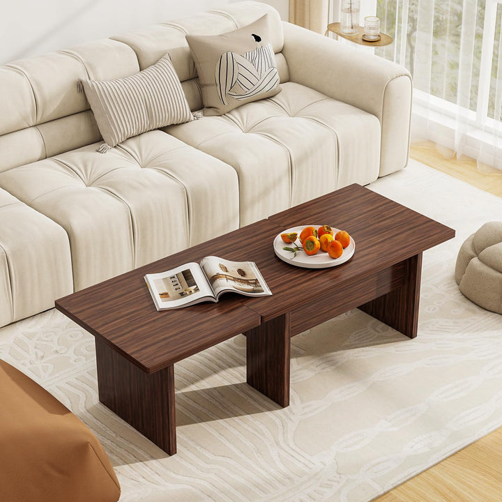 Giantex L-Shaped Coffee Table Set of 2 Modular Nesting Center Table with Grain Finish