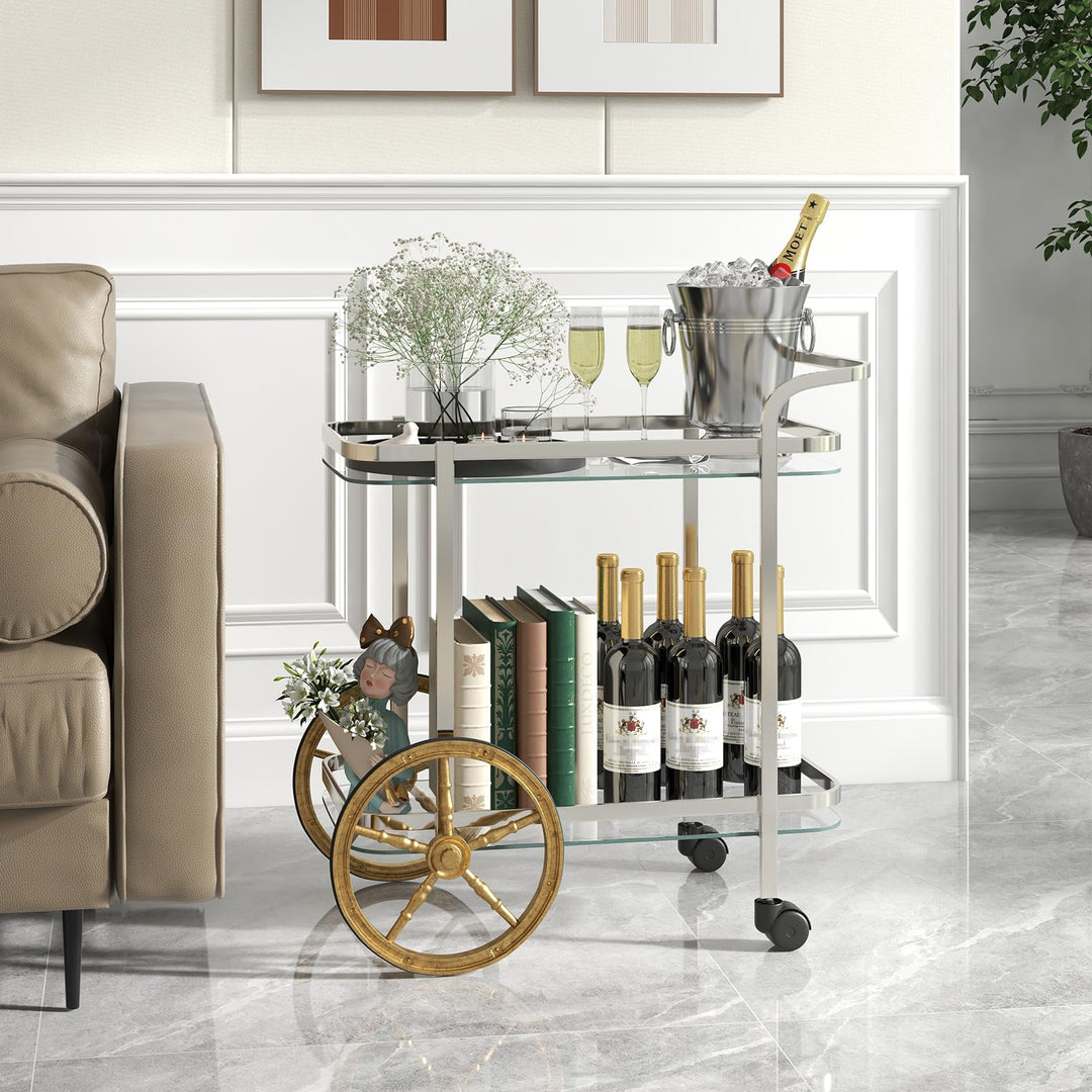 Giantex 2-Tier Bar Cart, Stylish Rolling Serving Cart w/Tempered Glass Shelves