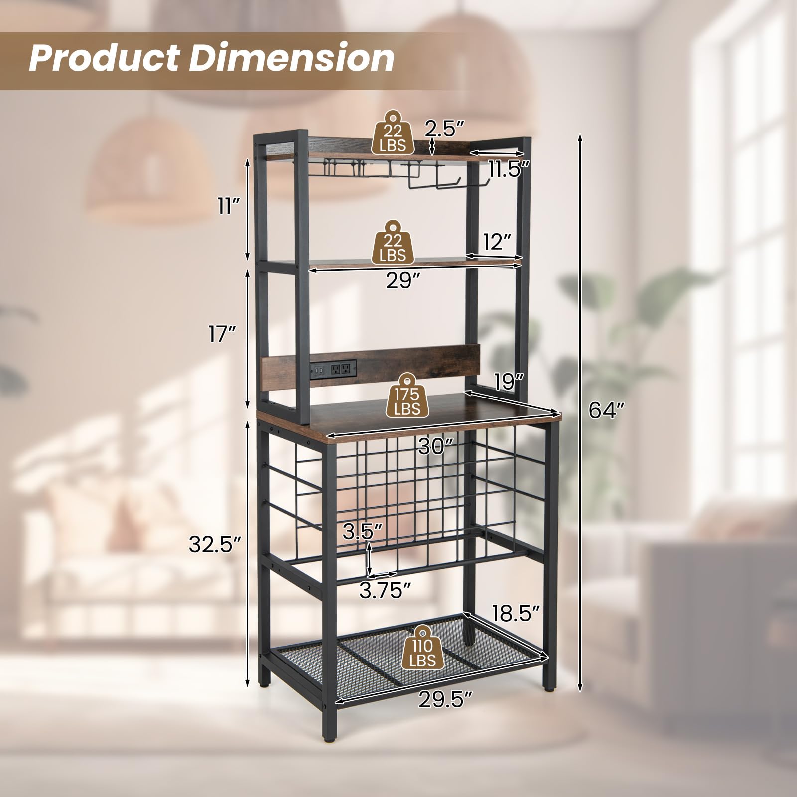Giantex Bakers Rack with Storage Hutch, Power Outlet & USB Port, Coffee Bar 24-Bottle Wine Rack & Glass Holder